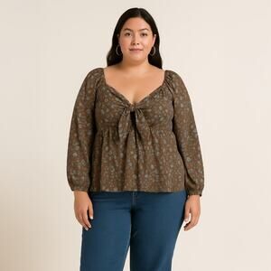 A519 • Plus Size Tie-Front Leopard Peplum Blouse